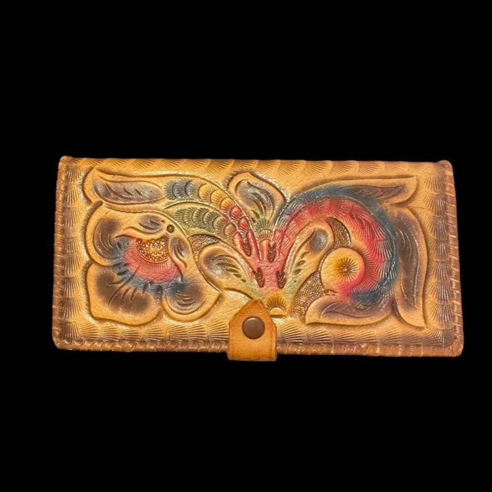 Vintage 70s tooled leather handpainted wallet